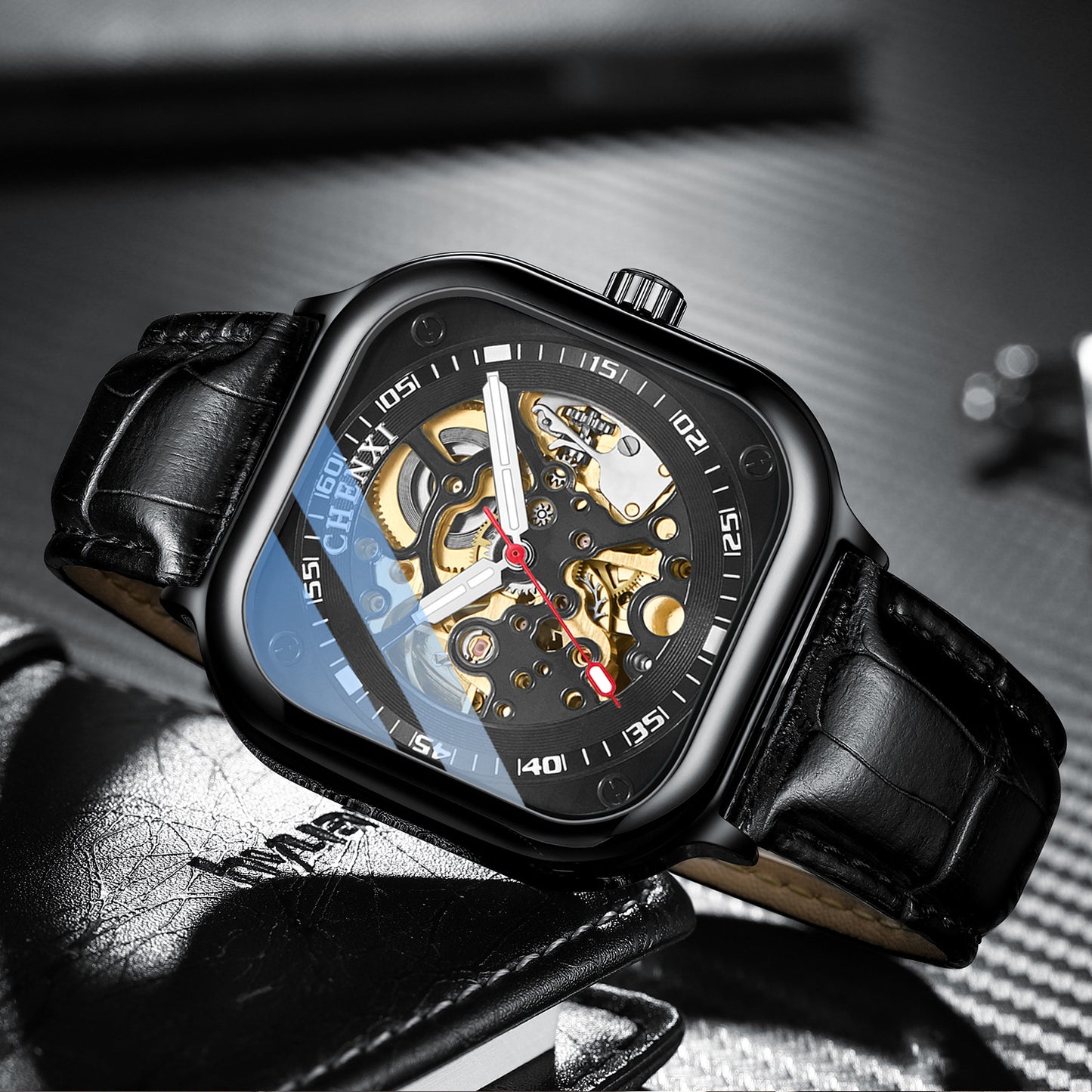 Men's waterproof hollow mechanical watch