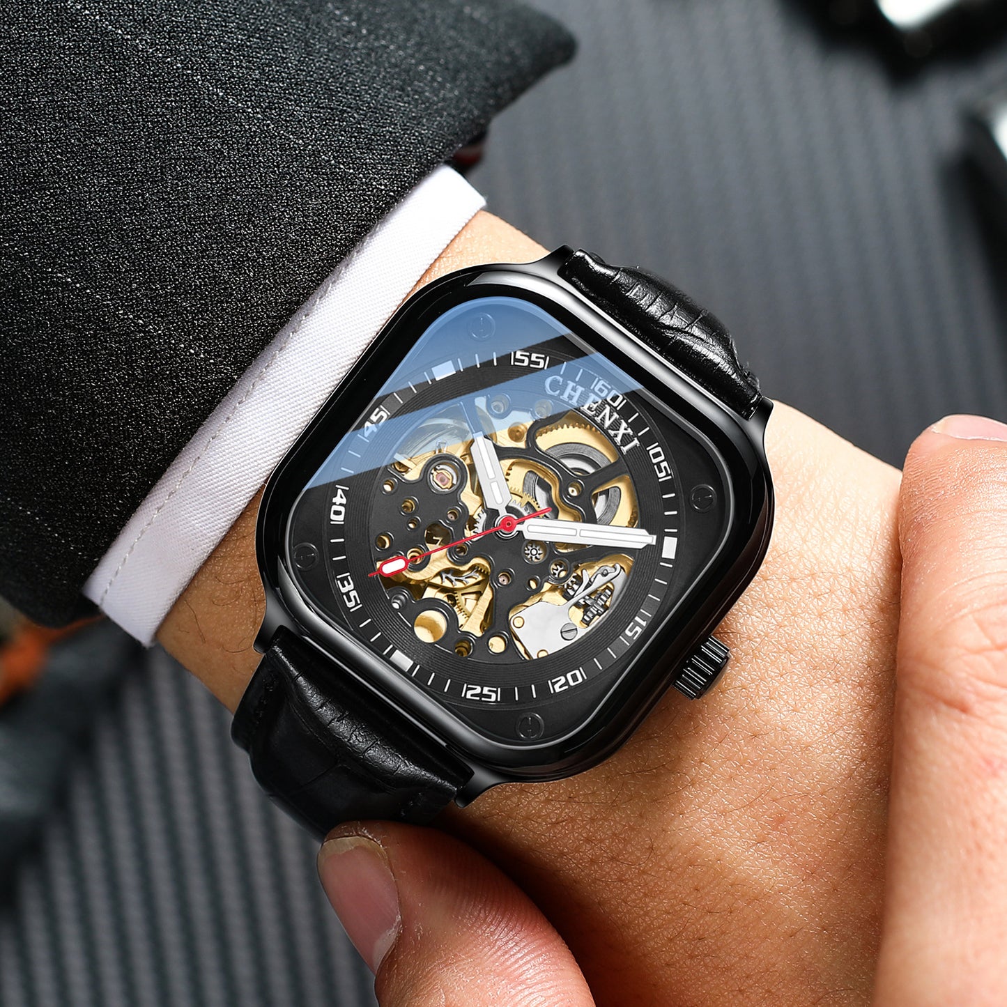 Men's waterproof hollow mechanical watch